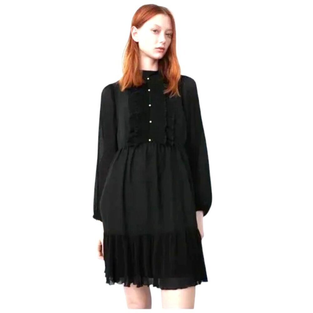 Zara Ruffle Button Down Bib Hem Pleated Long Sleeves Black Dress